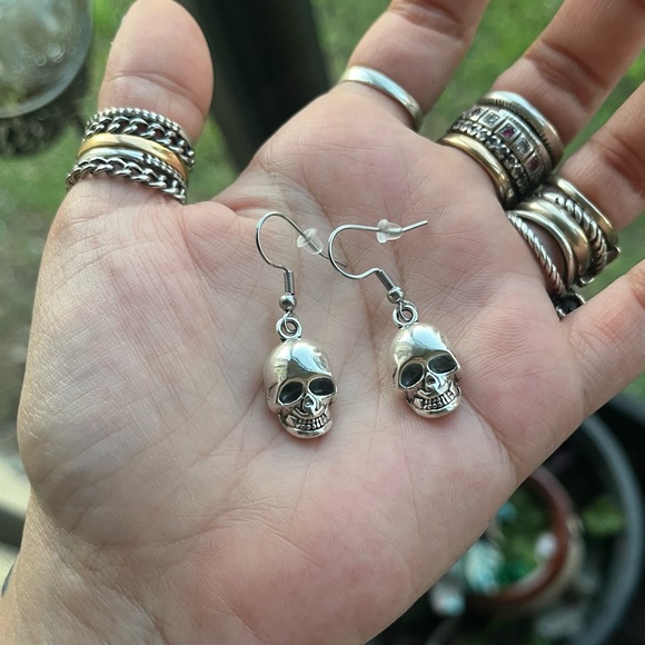 Set ! Red coral skull double layer necklace + matching skull earrings goth boho - Picture 11 of 16